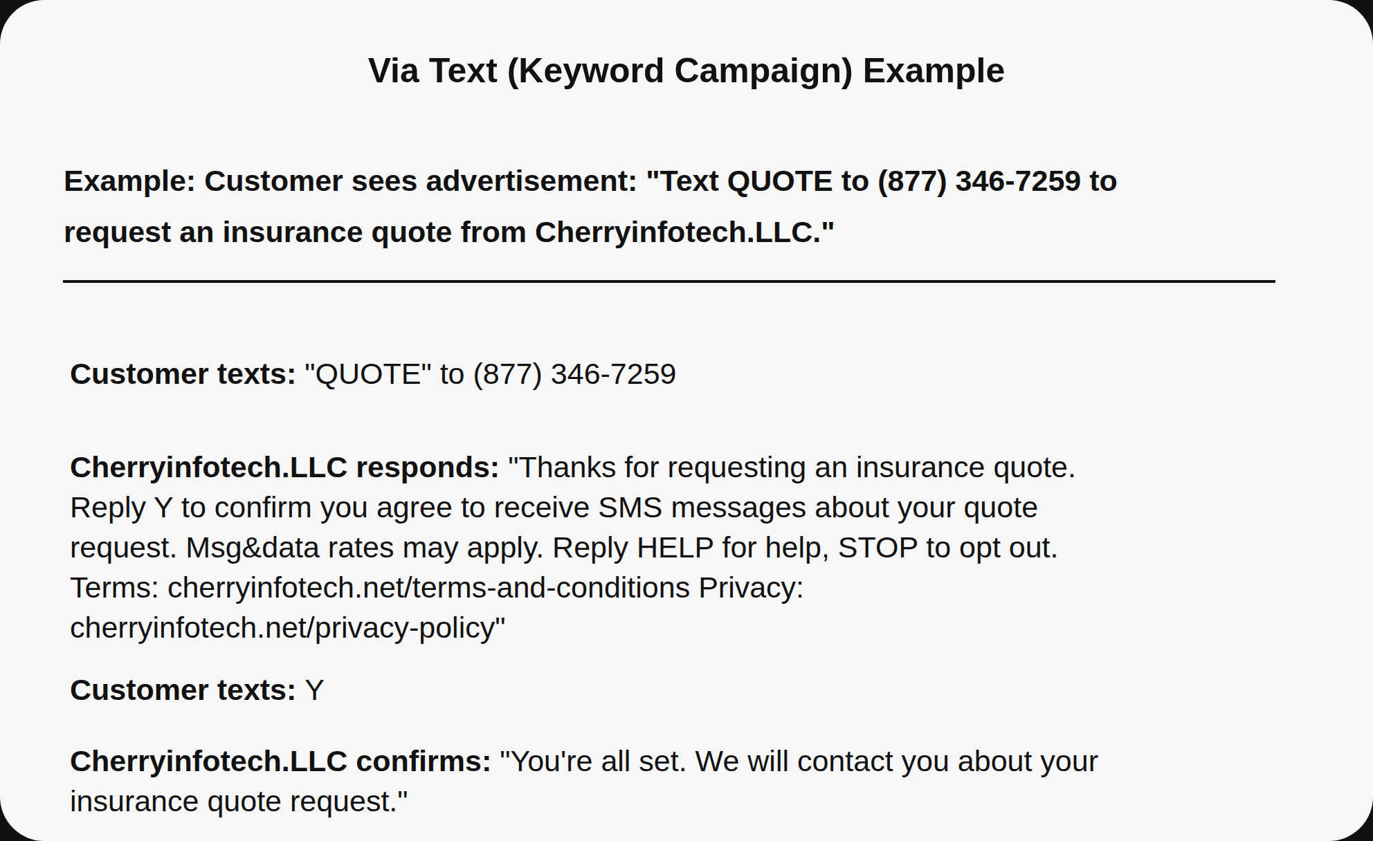 Via text keyword campaign example for Cherryinfotech.LLC insurance quote opt-in